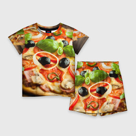 Детский костюм с шортами 3D с принтом Пицца в Тюмени,  |  | базилик | еда | зелень | маслины | оливки | пицца | помидоры