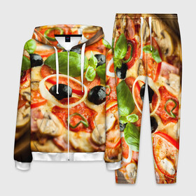 Мужской костюм 3D с принтом Пицца в Тюмени, 100% полиэстер | Манжеты и пояс оформлены тканевой резинкой, двухслойный капюшон со шнурком для регулировки, карманы спереди | базилик | еда | зелень | маслины | оливки | пицца | помидоры