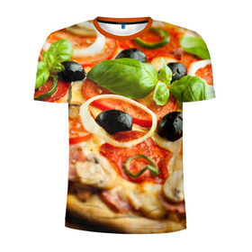 Мужская футболка 3D спортивная с принтом Пицца в Тюмени, 100% полиэстер с улучшенными характеристиками | приталенный силуэт, круглая горловина, широкие плечи, сужается к линии бедра | Тематика изображения на принте: базилик | еда | зелень | маслины | оливки | пицца | помидоры
