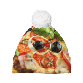 Шапка 3D c помпоном с принтом Пицца в Тюмени, 100% полиэстер | универсальный размер, печать по всей поверхности изделия | базилик | еда | зелень | маслины | оливки | пицца | помидоры