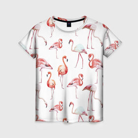 Женская футболка 3D с принтом Узор из фламинго в Тюмени, 100% полиэфир ( синтетическое хлопкоподобное полотно) | прямой крой, круглый вырез горловины, длина до линии бедер | животные | мозаика | птицы | узор | фауна | фламинго