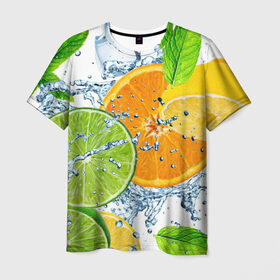 Мужская футболка 3D с принтом Мятный смузи в Тюмени, 100% полиэфир | прямой крой, круглый вырез горловины, длина до линии бедер | Тематика изображения на принте: вода | еда | зима | искусство | лайм | лимон | листья | новинки | природа | солнце | фрукты