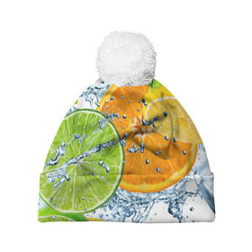 Шапка 3D c помпоном с принтом Мятный смузи в Тюмени, 100% полиэстер | универсальный размер, печать по всей поверхности изделия | Тематика изображения на принте: вода | еда | зима | искусство | лайм | лимон | листья | новинки | природа | солнце | фрукты