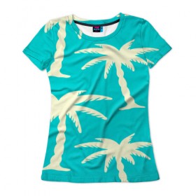 Женская футболка 3D с принтом Пальмы в Тюмени, 100% полиэфир ( синтетическое хлопкоподобное полотно) | прямой крой, круглый вырез горловины, длина до линии бедер | бирюзовый | паттерн | тропики