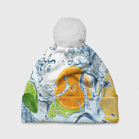 Шапка 3D c помпоном с принтом Мульти фрукт в Тюмени, 100% полиэстер | универсальный размер, печать по всей поверхности изделия | Тематика изображения на принте: вода | еда | зима | искусство | лайм | лимон | листья | новинки | природа | солнце | фрукты