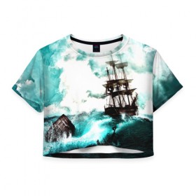 Женская футболка 3D укороченная с принтом Ship в Тюмени, 100% полиэстер | круглая горловина, длина футболки до линии талии, рукава с отворотами | ship | корабль | море | фрегат | шторм