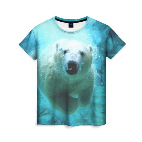 Женская футболка 3D с принтом медведь в Тюмени, 100% полиэфир ( синтетическое хлопкоподобное полотно) | прямой крой, круглый вырез горловины, длина до линии бедер | медведь | пловец