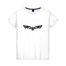 Женская футболка хлопок с принтом Сова трайбл в Тюмени, 100% хлопок | прямой крой, круглый вырез горловины, длина до линии бедер, слегка спущенное плечо | животные | птица | птицы | сова | тату | трайбл | фауна | этно