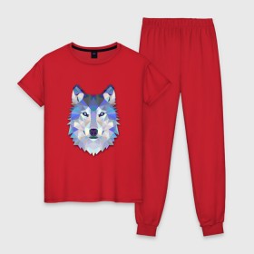 Женская пижама хлопок с принтом Полигональный волк в Тюмени, 100% хлопок | брюки и футболка прямого кроя, без карманов, на брюках мягкая резинка на поясе и по низу штанин | волк | геометрический рисунок | голова | животные | фауна