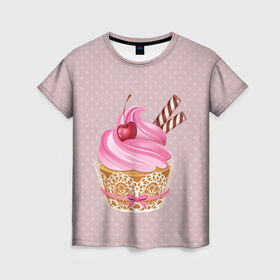 Женская футболка 3D с принтом пироженка в Тюмени, 100% полиэфир ( синтетическое хлопкоподобное полотно) | прямой крой, круглый вырез горловины, длина до линии бедер | candy | вишня | еда | конфеты | крем | пироженое | сладости
