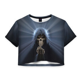 Женская футболка 3D укороченная с принтом Череп в капюшоне 2 в Тюмени, 100% полиэстер | круглая горловина, длина футболки до линии талии, рукава с отворотами | скелет