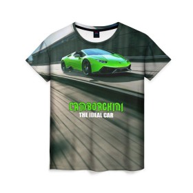 Женская футболка 3D с принтом Lamborghini в Тюмени, 100% полиэфир ( синтетическое хлопкоподобное полотно) | прямой крой, круглый вырез горловины, длина до линии бедер | car | green | huracan | lamborghini | novitec | speed | spyder | supercar | torado | авто | автомобиль | машина