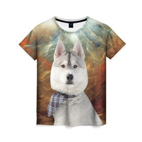 Женская футболка 3D с принтом Хаски в Тюмени, 100% полиэфир ( синтетическое хлопкоподобное полотно) | прямой крой, круглый вырез горловины, длина до линии бедер | маламут | песик | собака | собаки | собачка | хаски