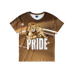 Детская футболка 3D с принтом Pride в Тюмени, 100% гипоаллергенный полиэфир | прямой крой, круглый вырез горловины, длина до линии бедер, чуть спущенное плечо, ткань немного тянется | lion | голова животного | кот | кошка | лев | хищник | царь | цвет