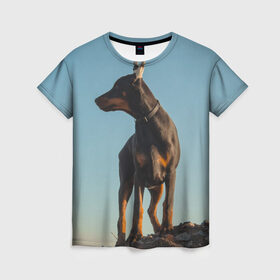 Женская футболка 3D с принтом Доберман в Тюмени, 100% полиэфир ( синтетическое хлопкоподобное полотно) | прямой крой, круглый вырез горловины, длина до линии бедер | доберман | доберманы | пес | песик | псы | собака | собаки