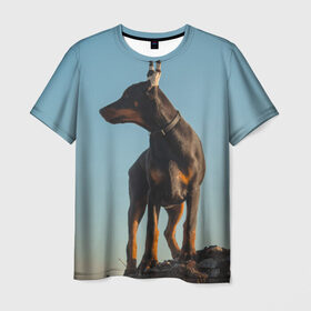 Мужская футболка 3D с принтом Доберман в Тюмени, 100% полиэфир | прямой крой, круглый вырез горловины, длина до линии бедер | Тематика изображения на принте: доберман | доберманы | пес | песик | псы | собака | собаки