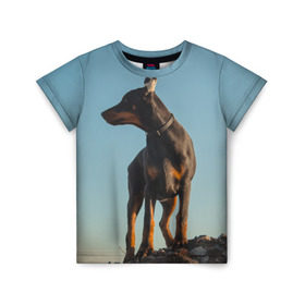 Детская футболка 3D с принтом Доберман в Тюмени, 100% гипоаллергенный полиэфир | прямой крой, круглый вырез горловины, длина до линии бедер, чуть спущенное плечо, ткань немного тянется | доберман | доберманы | пес | песик | псы | собака | собаки