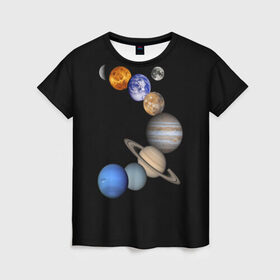 Женская футболка 3D с принтом Парад планет в Тюмени, 100% полиэфир ( синтетическое хлопкоподобное полотно) | прямой крой, круглый вырез горловины, длина до линии бедер | звёзды | космическое пространство | космос | планета | созвездие