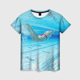 Женская футболка 3D с принтом swimmer в Тюмени, 100% полиэфир ( синтетическое хлопкоподобное полотно) | прямой крой, круглый вырез горловины, длина до линии бедер | пловец