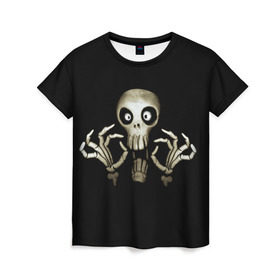 Женская футболка 3D с принтом Скeлетик в Тюмени, 100% полиэфир ( синтетическое хлопкоподобное полотно) | прямой крой, круглый вырез горловины, длина до линии бедер | bones | halloween | skull в идеи подарков в хеллоуин | скелет | скелеты | хеллоиун | хэллоуин | хэлоуин | череп | черепа