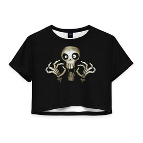 Женская футболка 3D укороченная с принтом Скeлетик в Тюмени, 100% полиэстер | круглая горловина, длина футболки до линии талии, рукава с отворотами | bones | halloween | skull в идеи подарков в хеллоуин | скелет | скелеты | хеллоиун | хэллоуин | хэлоуин | череп | черепа