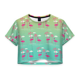 Женская футболка 3D укороченная с принтом Фламинго и пальмы в Тюмени, 100% полиэстер | круглая горловина, длина футболки до линии талии, рукава с отворотами | животные | мозаика | пальмы | птицы | тропики | узор | фауна | фламинго