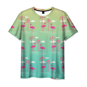 Мужская футболка 3D с принтом Фламинго и пальмы в Тюмени, 100% полиэфир | прямой крой, круглый вырез горловины, длина до линии бедер | животные | мозаика | пальмы | птицы | тропики | узор | фауна | фламинго