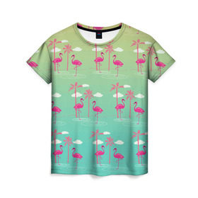 Женская футболка 3D с принтом Фламинго и пальмы в Тюмени, 100% полиэфир ( синтетическое хлопкоподобное полотно) | прямой крой, круглый вырез горловины, длина до линии бедер | животные | мозаика | пальмы | птицы | тропики | узор | фауна | фламинго