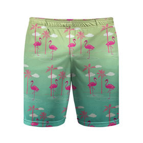 Мужские шорты 3D спортивные с принтом Фламинго и пальмы в Тюмени,  |  | животные | мозаика | пальмы | птицы | тропики | узор | фауна | фламинго