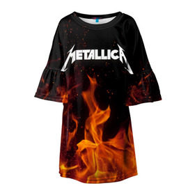 Детское платье 3D с принтом Metallica fire в Тюмени, 100% полиэстер | прямой силуэт, чуть расширенный к низу. Круглая горловина, на рукавах — воланы | Тематика изображения на принте: металлика