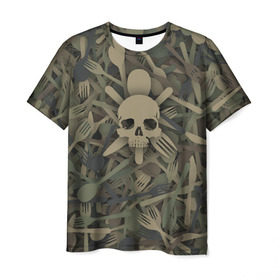 Мужская футболка 3D с принтом Обеденный спецназ в Тюмени, 100% полиэфир | прямой крой, круглый вырез горловины, длина до линии бедер | Тематика изображения на принте: еда | камуфляж | милитари | нож | скелет | чепеп