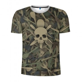 Мужская футболка 3D спортивная с принтом Обеденный спецназ в Тюмени, 100% полиэстер с улучшенными характеристиками | приталенный силуэт, круглая горловина, широкие плечи, сужается к линии бедра | еда | камуфляж | милитари | нож | скелет | чепеп