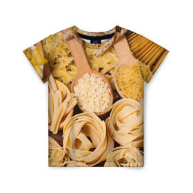 Детская футболка 3D с принтом Макарошки в Тюмени, 100% гипоаллергенный полиэфир | прямой крой, круглый вырез горловины, длина до линии бедер, чуть спущенное плечо, ткань немного тянется | Тематика изображения на принте: еда | макароны | текстуры | узоры