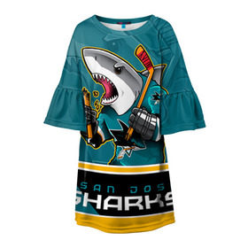 Детское платье 3D с принтом San Jose Sharks в Тюмени, 100% полиэстер | прямой силуэт, чуть расширенный к низу. Круглая горловина, на рукавах — воланы | nhl | san jose sharks | sharks | stanley cup | кубок стенли | кубок стэнли | нхл | сан хосе | сан хосе шаркс | хоккей | хоккейный клуб | шаркс