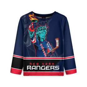 Детский лонгслив 3D с принтом New York Rangers в Тюмени, 100% полиэстер | длинные рукава, круглый вырез горловины, полуприлегающий силуэт
 | new york rangers | nhl | stanley cup | кубок стенли | кубок стэнли | нхл | нью йорк рейнджерс | нью йорк рейнджеры | рейнджеры | хоккей | хоккейный клуб