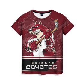 Женская футболка 3D с принтом Arizona Coyotes в Тюмени, 100% полиэфир ( синтетическое хлопкоподобное полотно) | прямой крой, круглый вырез горловины, длина до линии бедер | arizona coyotes | nhl | stanley cup | аризона койотис | аризона койоты | кубок стенли | кубок стэнли | нхл | хоккей | хоккейный клуб