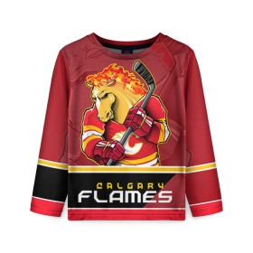 Детский лонгслив 3D с принтом Calgary Flames в Тюмени, 100% полиэстер | длинные рукава, круглый вырез горловины, полуприлегающий силуэт
 | Тематика изображения на принте: calgary flames | nhl | stanley cup | калгари флэймз | кубок стенли | кубок стэнли | нхл | флэймс | хоккей | хоккейный клуб