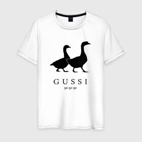 Мужская футболка хлопок с принтом GUSSI в Тюмени, 100% хлопок | прямой крой, круглый вырез горловины, длина до линии бедер, слегка спущенное плечо. | Тематика изображения на принте: gucci | gussi | антибренд | бренд | гуси | гучи | пародии