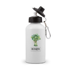 Бутылка спортивная с принтом KINZA в Тюмени, металл | емкость — 500 мл, в комплекте две пластиковые крышки и карабин для крепления | Тематика изображения на принте: kenzo | kinza | антибренд | бренд | кензо | кинза | пародии