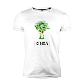 Мужская футболка премиум с принтом KINZA в Тюмени, 92% хлопок, 8% лайкра | приталенный силуэт, круглый вырез ворота, длина до линии бедра, короткий рукав | Тематика изображения на принте: kenzo | kinza | антибренд | бренд | кензо | кинза | пародии