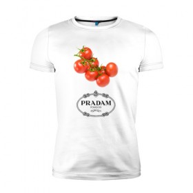 Мужская футболка премиум с принтом PRADAM в Тюмени, 92% хлопок, 8% лайкра | приталенный силуэт, круглый вырез ворота, длина до линии бедра, короткий рукав | prada | pradam | антибренд | бренд | пародии | прада | прадам