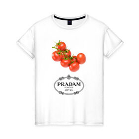 Женская футболка хлопок с принтом PRADAM в Тюмени, 100% хлопок | прямой крой, круглый вырез горловины, длина до линии бедер, слегка спущенное плечо | prada | pradam | антибренд | бренд | пародии | прада | прадам