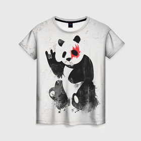 Женская футболка 3D с принтом Рок-панда в Тюмени, 100% полиэфир ( синтетическое хлопкоподобное полотно) | прямой крой, круглый вырез горловины, длина до линии бедер | Тематика изображения на принте: rock | коза | метал | панда | рок
