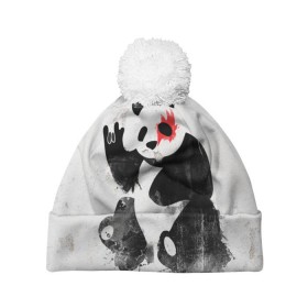 Шапка 3D c помпоном с принтом Рок-панда в Тюмени, 100% полиэстер | универсальный размер, печать по всей поверхности изделия | rock | коза | метал | панда | рок
