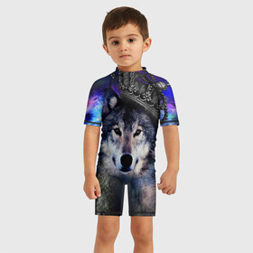 Детский купальный костюм 3D с принтом King Wolf в Тюмени, Полиэстер 85%, Спандекс 15% | застежка на молнии на спине | животное | зверь | космос | природа волк | русь | славяне