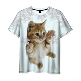 Мужская футболка 3D с принтом Котенок и снежинки в Тюмени, 100% полиэфир | прямой крой, круглый вырез горловины, длина до линии бедер | Тематика изображения на принте: 2017 | котенок | милые создания | милый котенок | новый год | подарок на новый год | снежинки