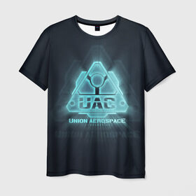 Мужская футболка 3D с принтом Union Aerospace corporation в Тюмени, 100% полиэфир | прямой крой, круглый вырез горловины, длина до линии бедер | doom | uac | дум | космос