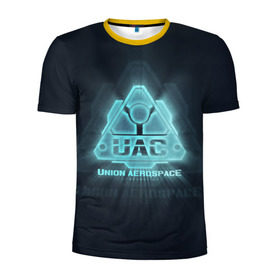 Мужская футболка 3D спортивная с принтом Union Aerospace corporation в Тюмени, 100% полиэстер с улучшенными характеристиками | приталенный силуэт, круглая горловина, широкие плечи, сужается к линии бедра | doom | uac | дум | космос