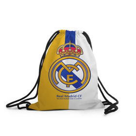 Рюкзак-мешок 3D с принтом Real Madrid CF в Тюмени, 100% полиэстер | плотность ткани — 200 г/м2, размер — 35 х 45 см; лямки — толстые шнурки, застежка на шнуровке, без карманов и подкладки | Тематика изображения на принте: football | испания | клуб | мадрид | реал | фк | футбольный