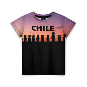 Детская футболка 3D с принтом Чили в Тюмени, 100% гипоаллергенный полиэфир | прямой крой, круглый вырез горловины, длина до линии бедер, чуть спущенное плечо, ткань немного тянется | Тематика изображения на принте: изваяние | истукан | латинская америка | остров пасхи | турист | чили